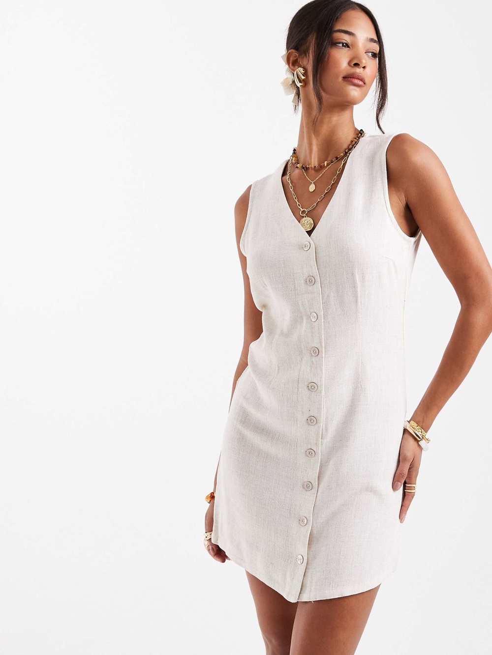 NWT Size Small ONLY Linen-Blend Sleeveless Button-Front Dress in Cream